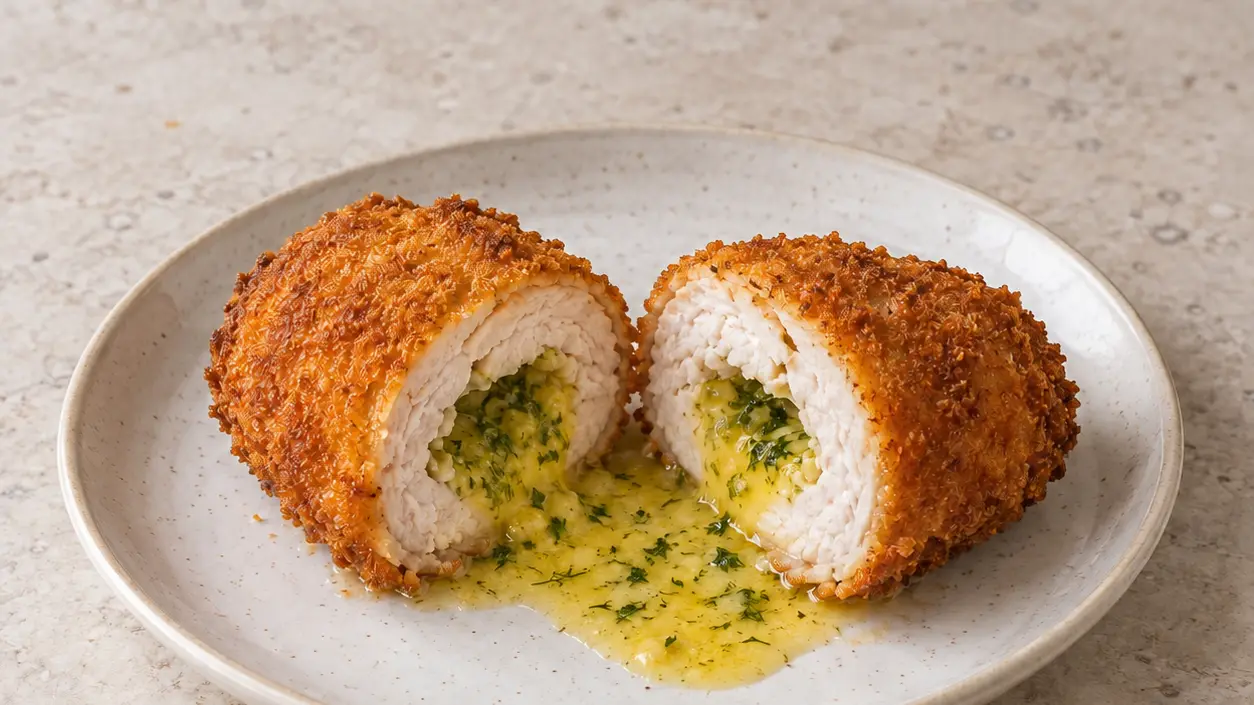 Chicken Kyiv cut open, with golden breading, cooked chicken and flowing garlic and herb butter