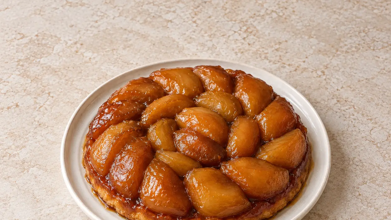 Upside-down tarte Tatin with glossy caramelized apple quarters and a golden shortcrust base