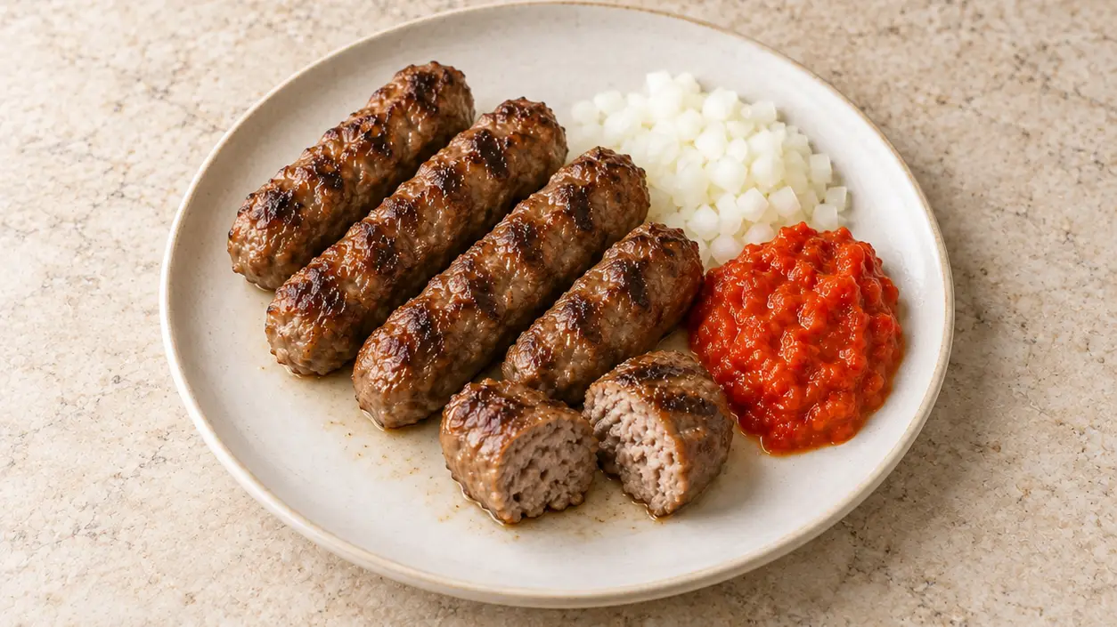 Browned ćevapi from a grill pan, served with red ajvar and finely diced raw onion
