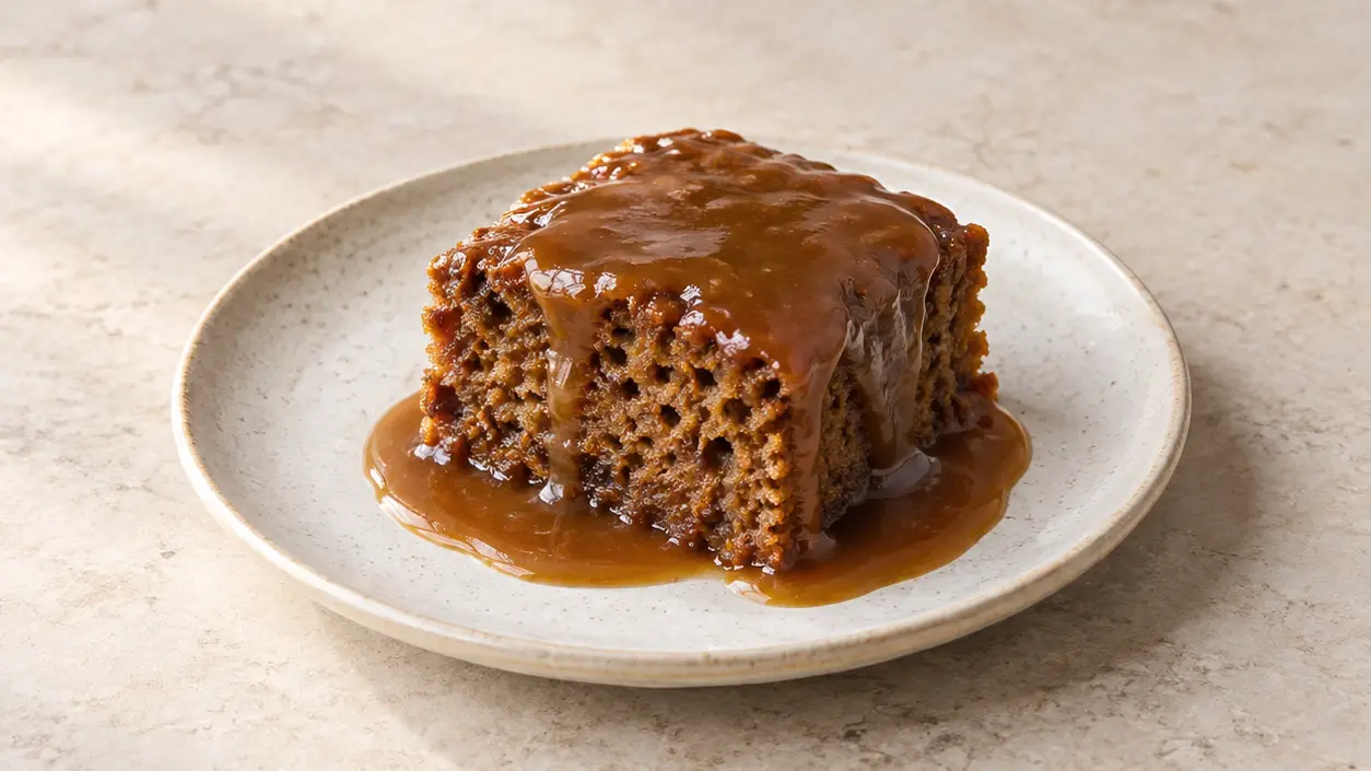Moist date cake square with glossy toffee sauce running down its sides onto a plate