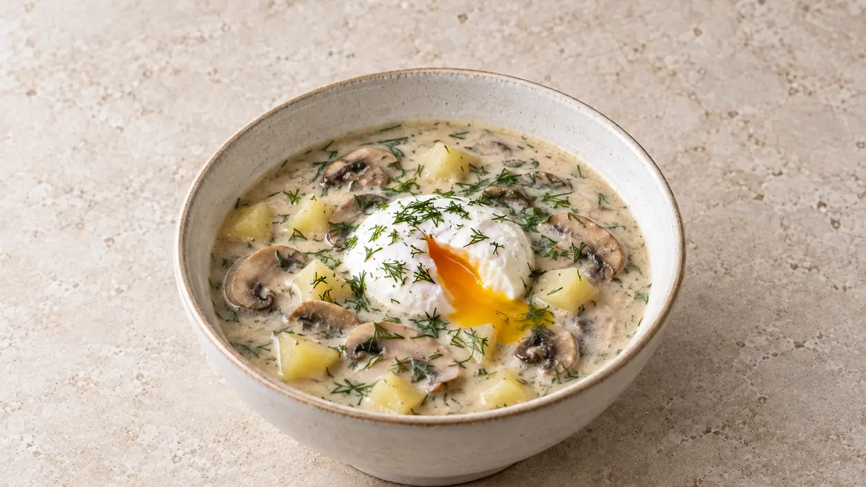 Creamy kulajda with mushrooms, diced potatoes, dill and a cut-open poached egg with soft yolk