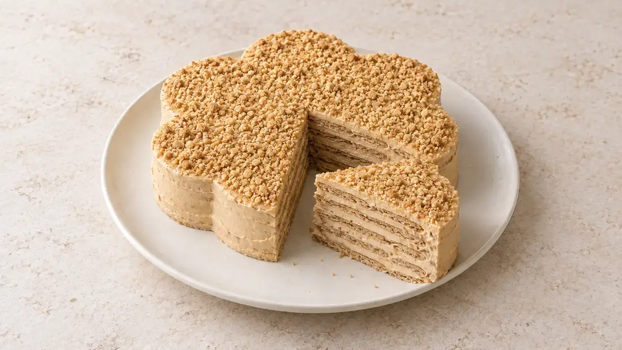 Flower-shaped bolo de bolacha with pale coffee cream, crumbs and visible cookie layers