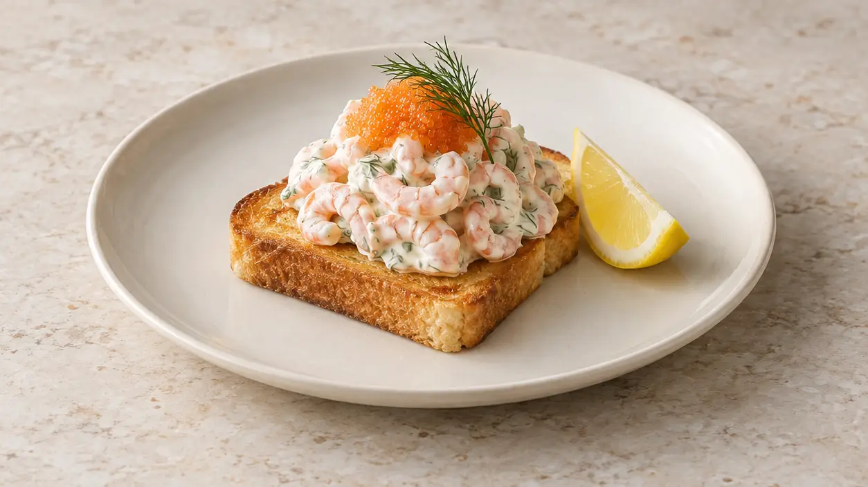 Golden Toast Skagen with creamy shrimp, dill, small roe beads and a lemon wedge alongside