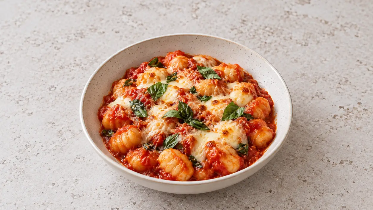 Gnocchi alla sorrentina in tomato sauce, topped with melted mozzarella and fresh basil leaves