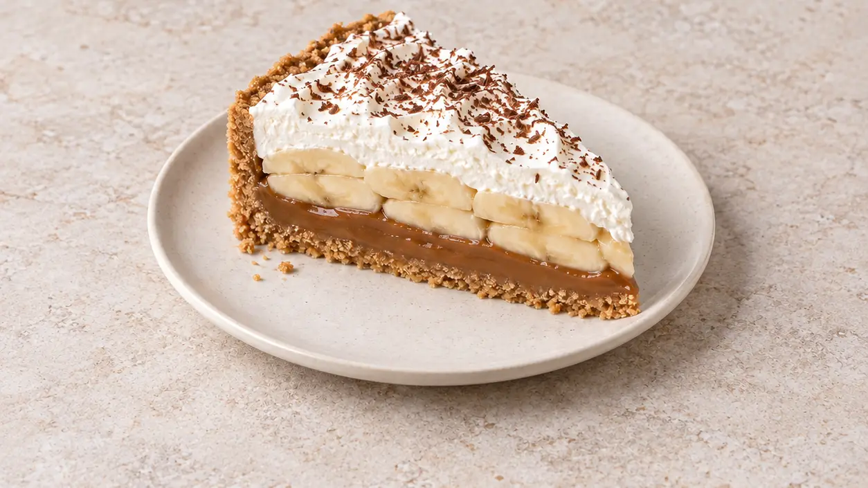 Banoffee pie slice with cookie crust, dulce de leche, banana slices, whipped cream, grated dark chocolate
