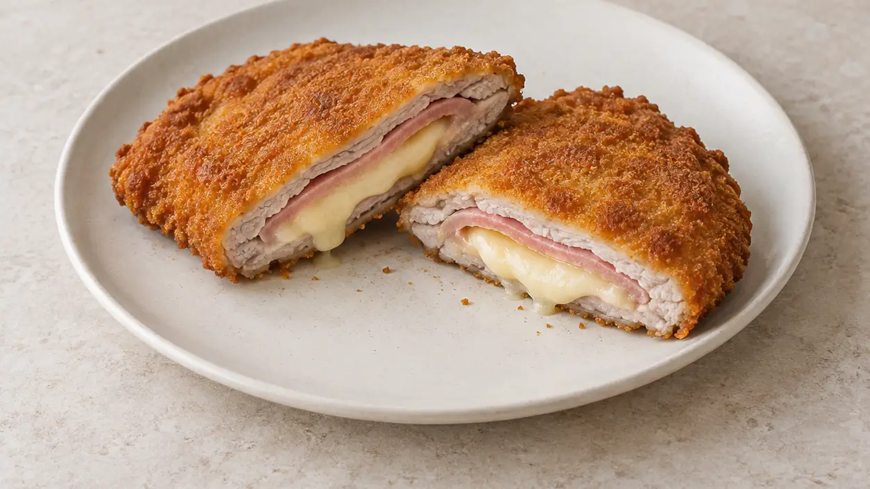 Cut cordon bleu with golden breading, thin veal, cooked ham and melted Gruyère cheese