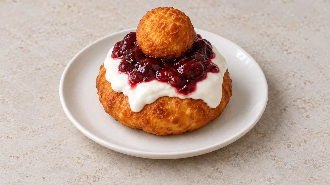Golden doughnut ring with a small doughnut ball, sour cream and sour cherry preserves