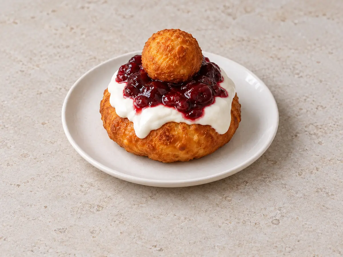 Romanian Curd Cheese Doughnuts with Sour Cream and Preserves