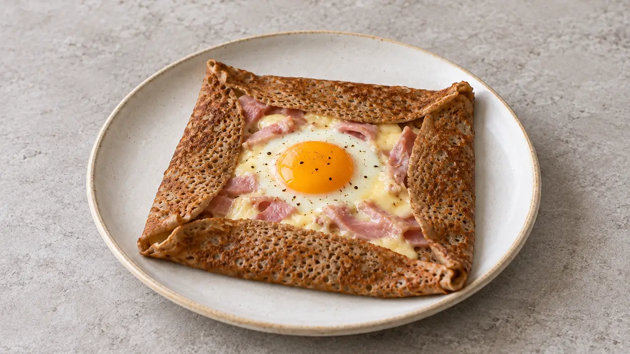 Buckwheat crepe folded into a square, with ham, melted cheese and an egg with soft yolk