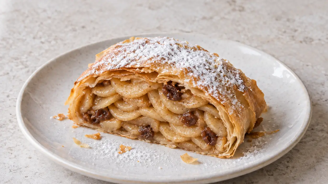 Sliced Viennese strudel with thin golden pastry, apples, raisins and powdered sugar on top