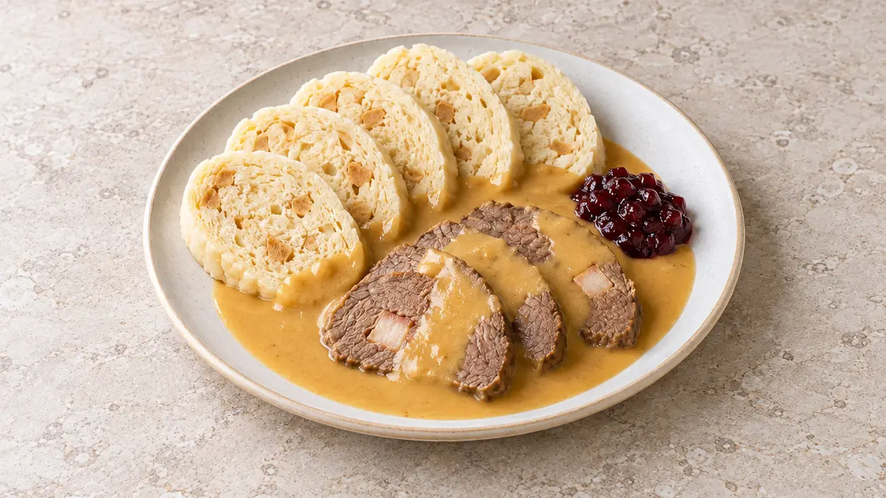 Braised beef slices in creamy vegetable sauce, fluffy bread dumplings and cranberry preserves