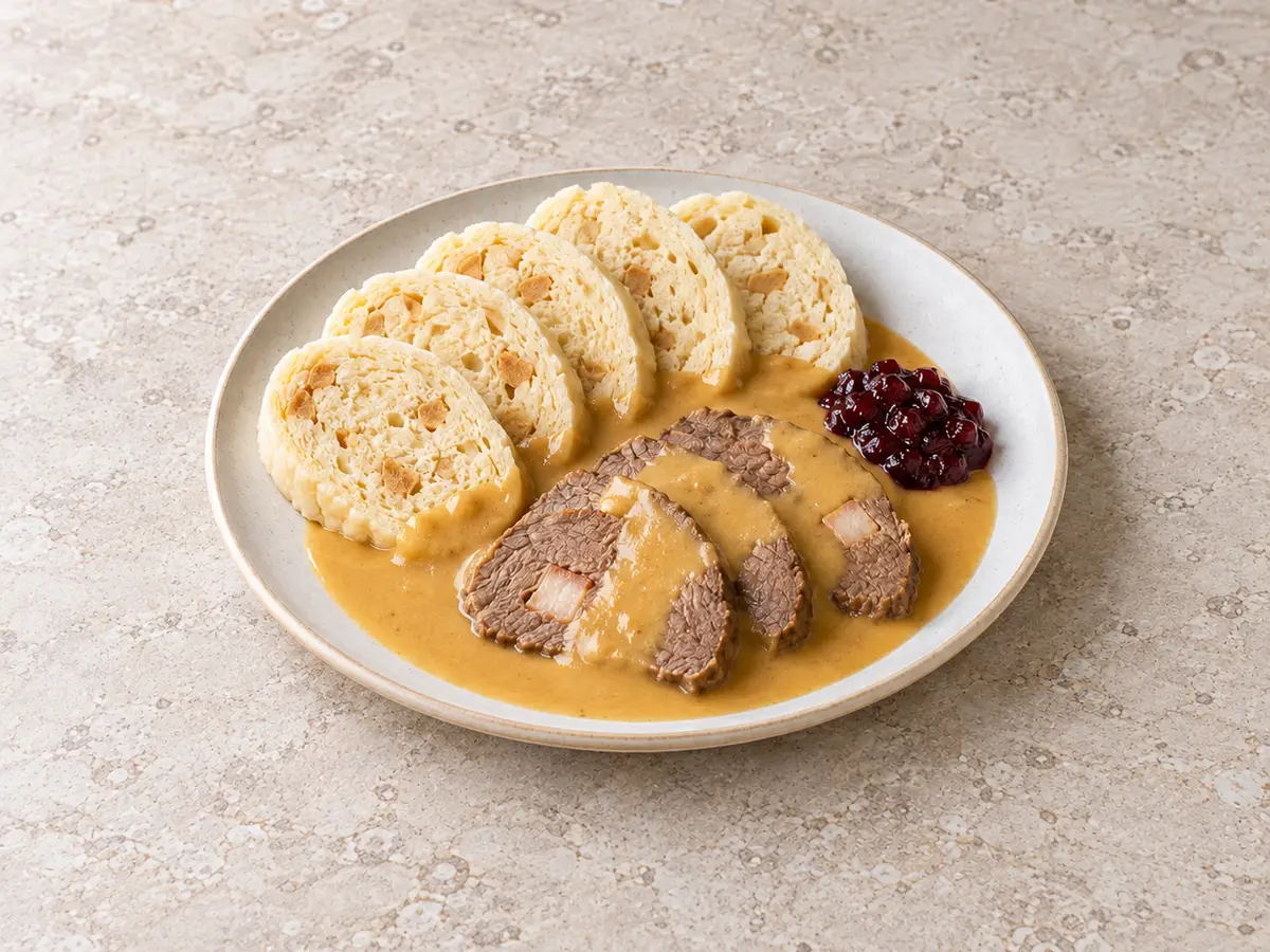 Czech Braised Beef in Creamy Vegetable Sauce with Bread Dumplings