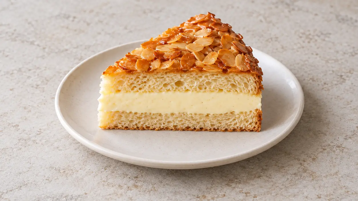 Slice of soft yeast cake with an even vanilla cream layer and golden sliced almonds