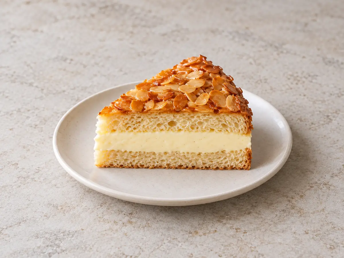 German Yeast Cake with Vanilla Cream and Caramelized Almonds
