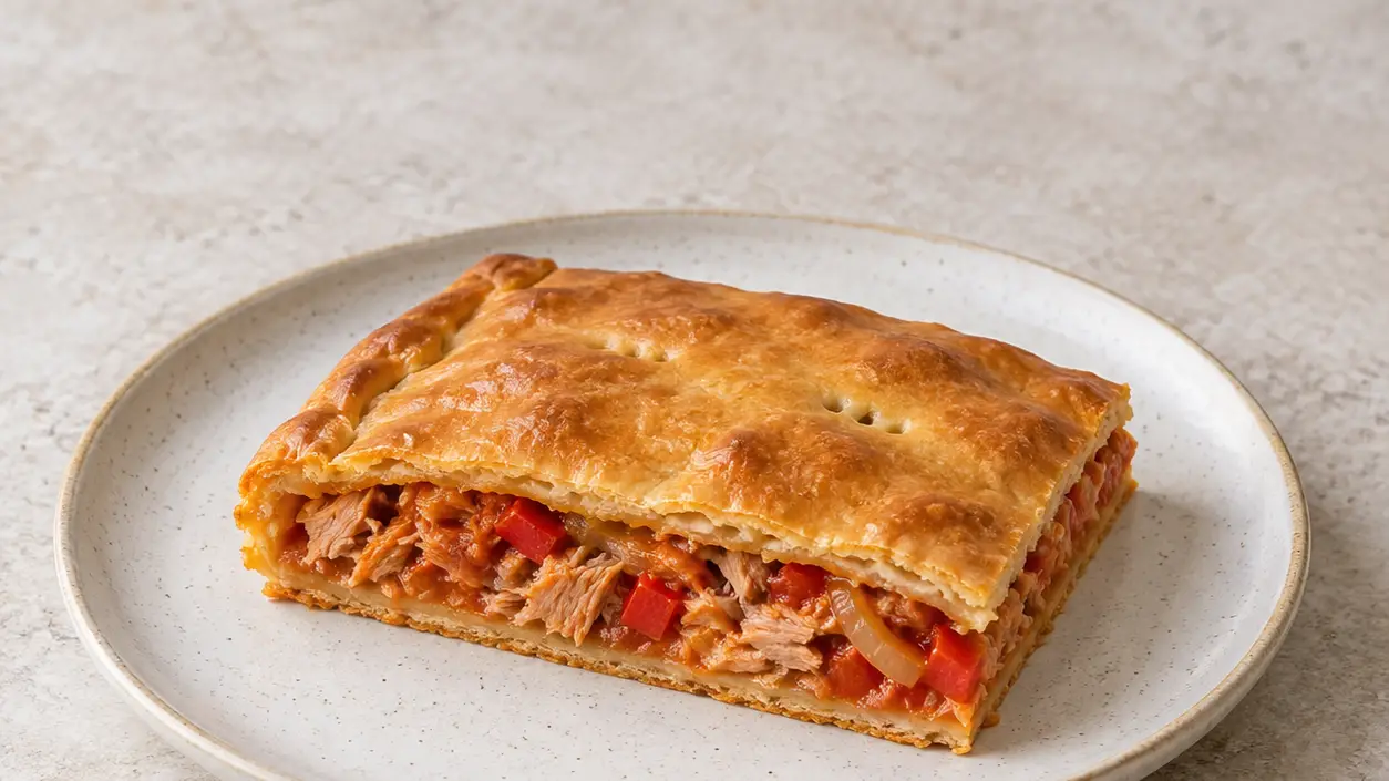 Slice of golden pie with thin pastry and a tuna, red pepper and onion filling
