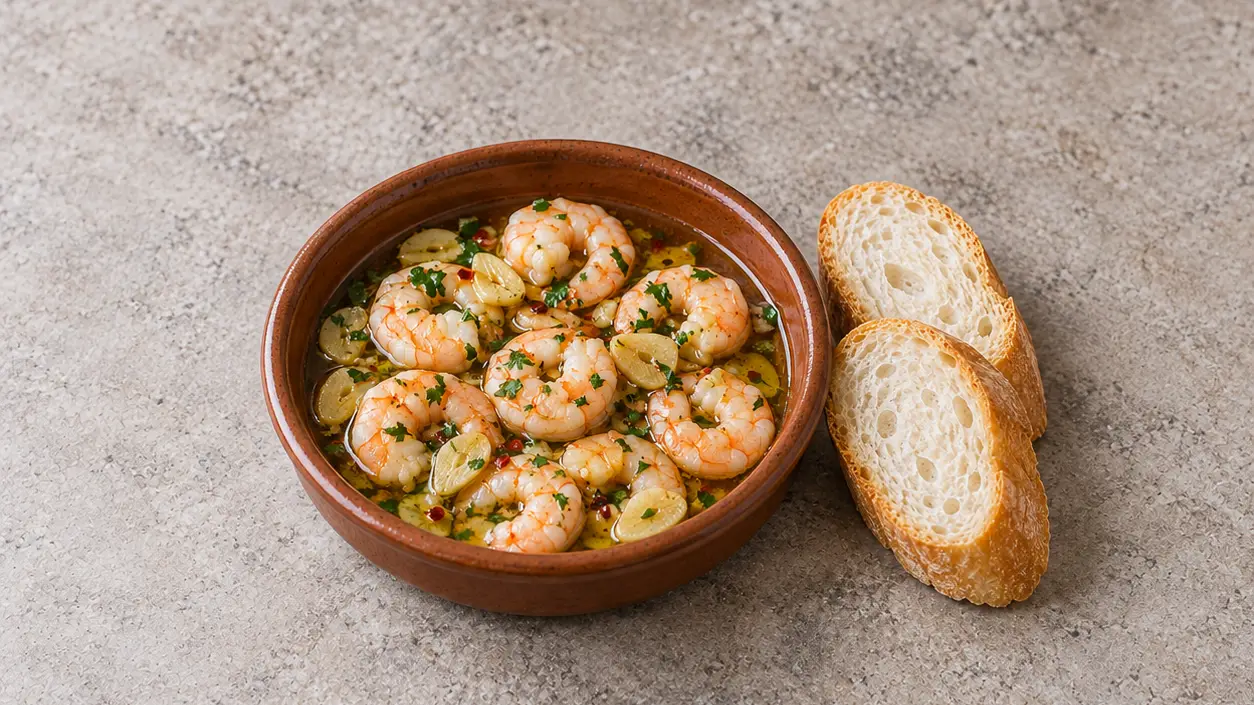 Shrimp in olive oil with pale golden garlic, red chili, parsley and two baguette slices