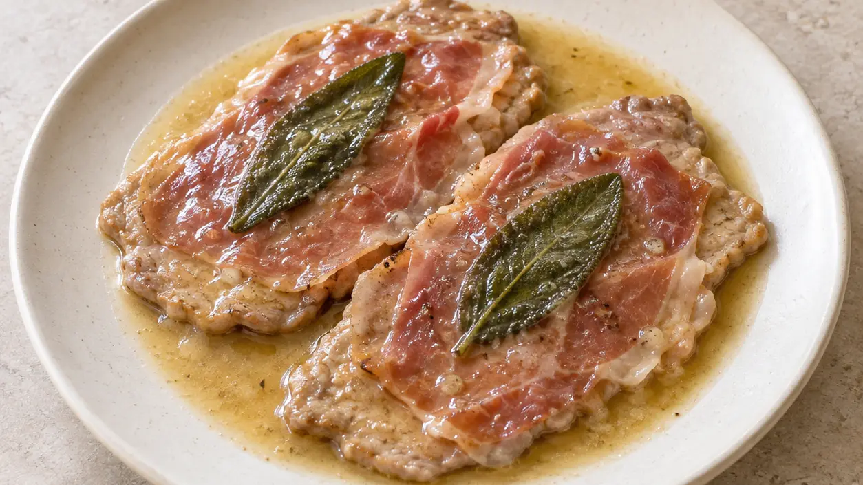 Thin veal slices with prosciutto and sage leaves in a glossy butter sauce