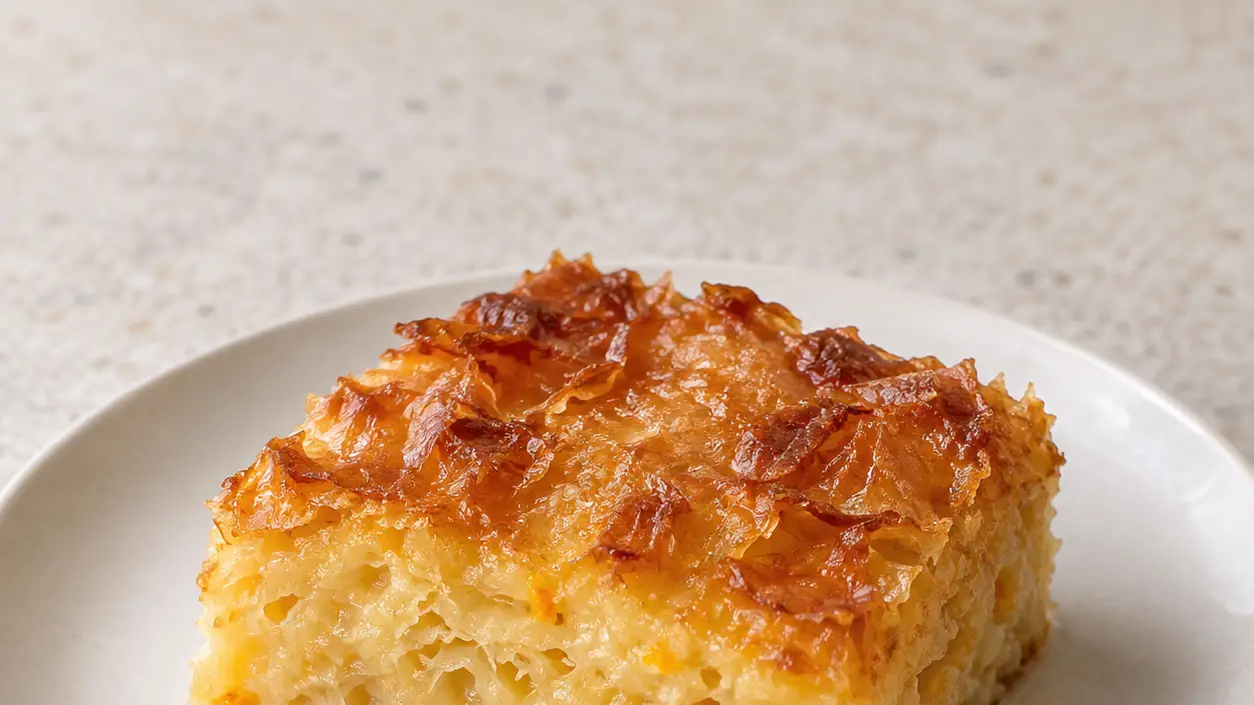 Slice of portokalopita with a golden top and moist orange interior on a small plate