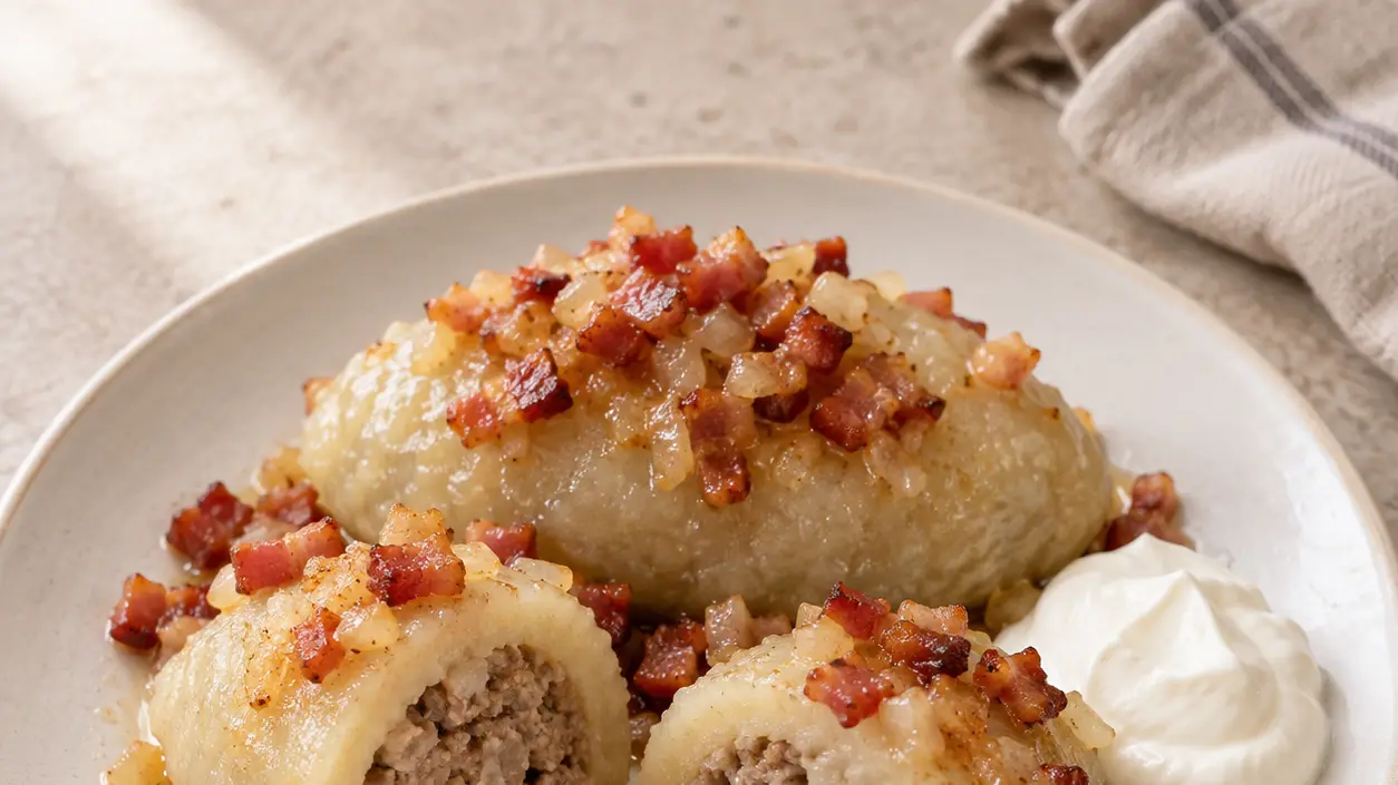 Lithuanian potato dumplings with visible meat filling, bacon, onion and sour cream