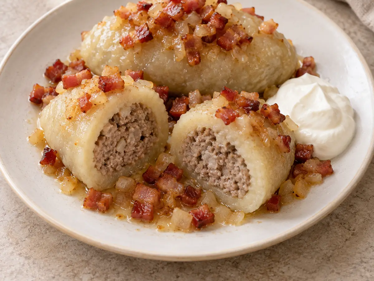 Lithuanian Potato Dumplings with Meat, Bacon and Sour Cream
