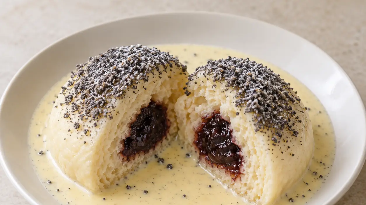 Yeast dumpling with visible plum filling, ground poppy seeds and pale vanilla sauce