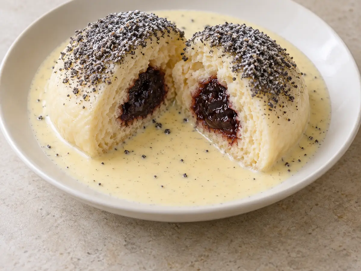 Österreichische Germknödel mit Powidl, Mohn und Vanillesauce