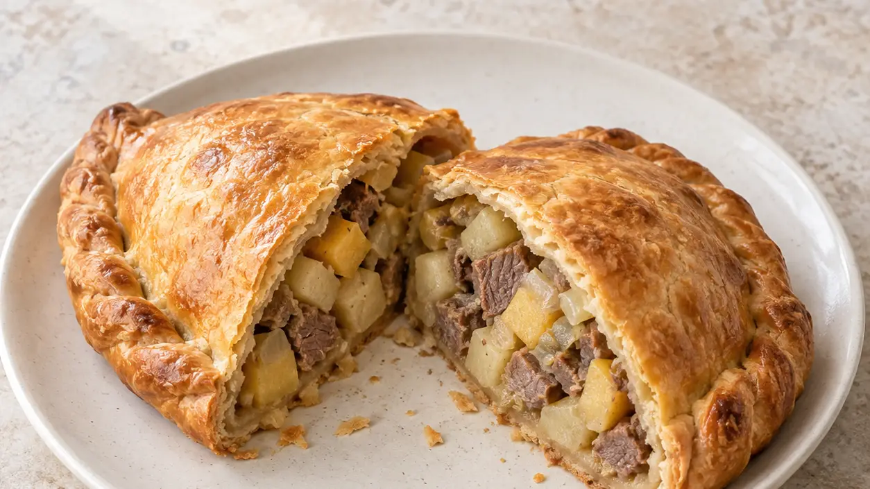 Cornish pasty with a side crimp, cut open to reveal beef, potatoes and rutabaga