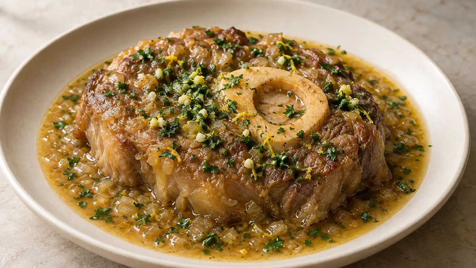 Braised bone-in veal shank in onion sauce, sprinkled with lemon gremolata