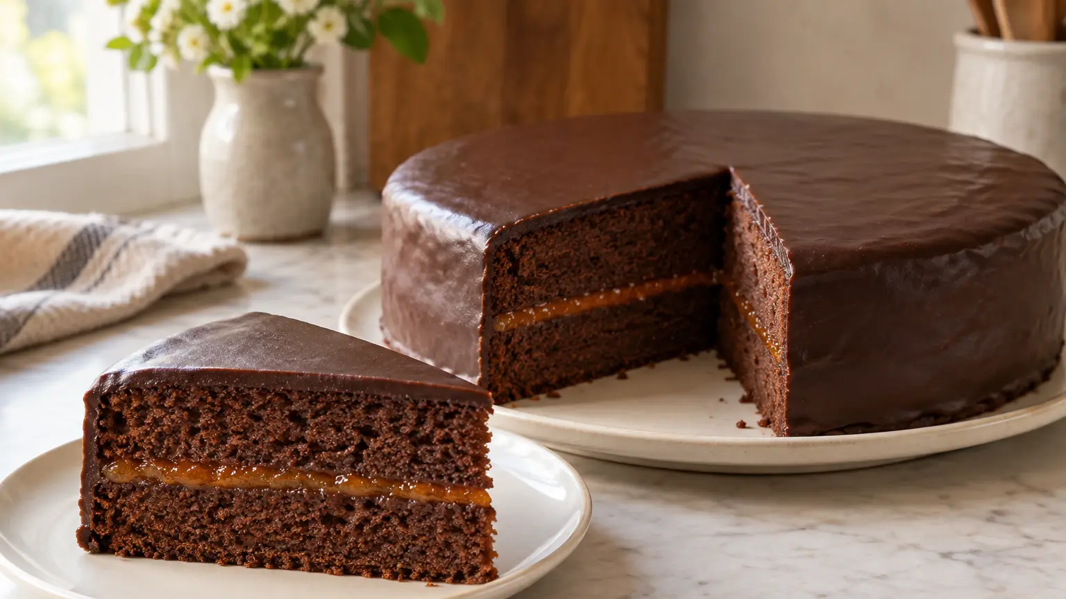 Sachertorte and a cut slice with an apricot layer and dark chocolate glaze