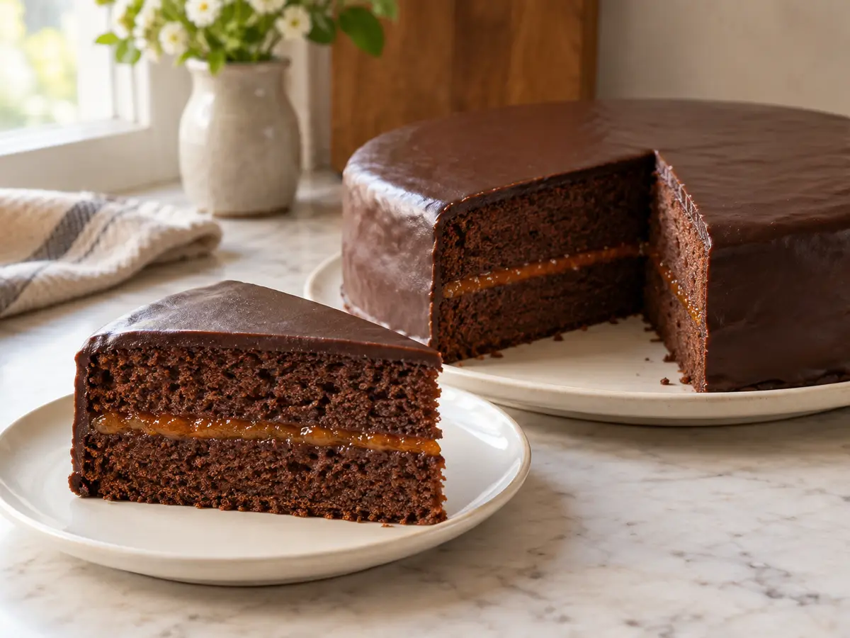 Sachertorte — chocolate cake with apricot preserves