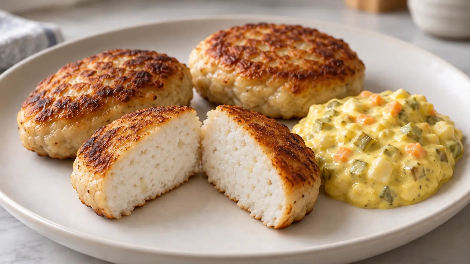 Danish cod cakes with a golden crust and yellow vegetable remoulade