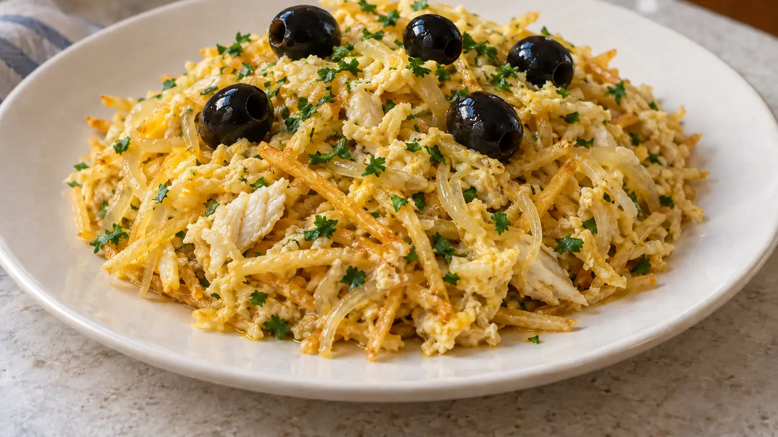 Bacalhau à Brás with thin potato straws, tender eggs, parsley and black olives