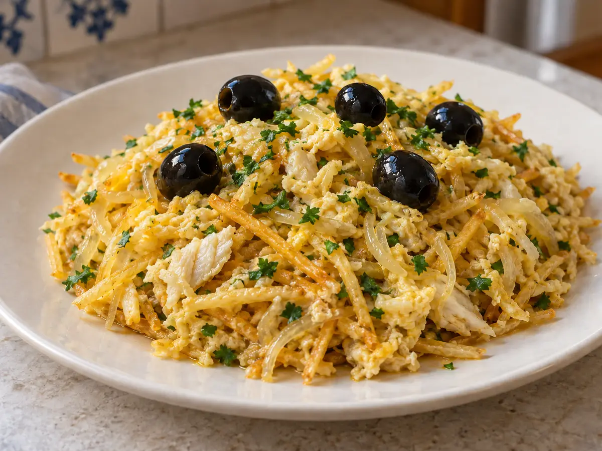 Bacalhau à Brás — cod with potato straws, eggs and olives