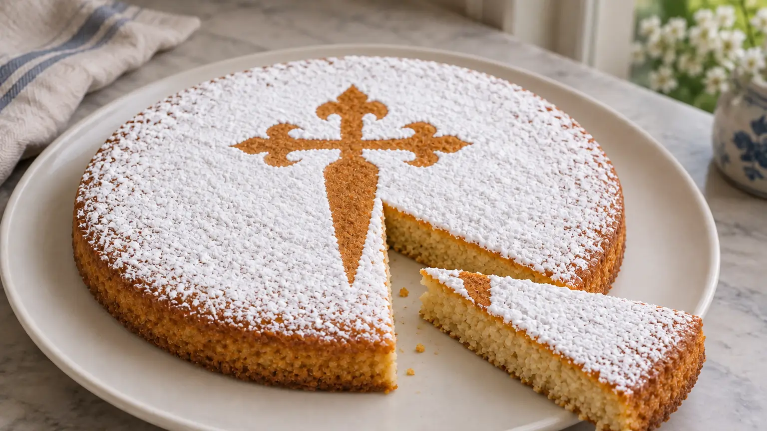 Tarta de Santiago with a Saint James cross and a slice revealing its almond crumb