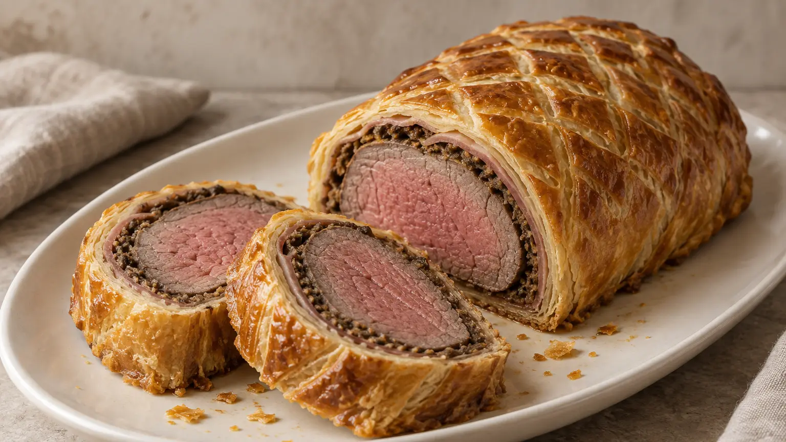 Sliced beef Wellington with mushrooms, thin ham, and golden puff pastry