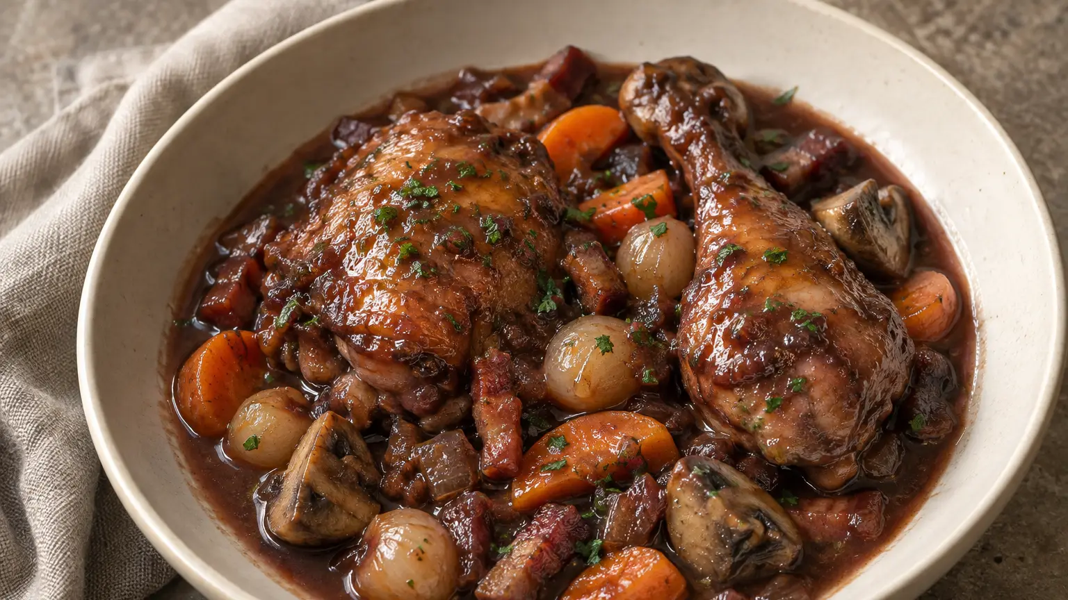 Chicken in burgundy-brown sauce with mushrooms, pearl onions, bacon, and a little parsley
