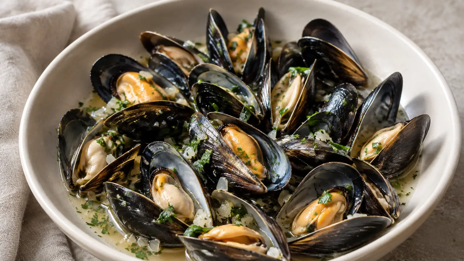Open mussels with plump meat in pale broth with shallots and parsley