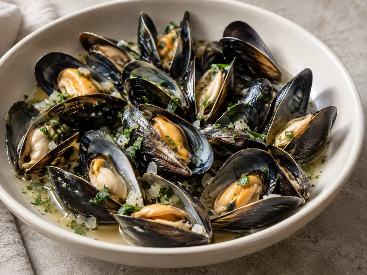 Moules marinières — cozze al vino bianco con scalogno e prezzemolo
