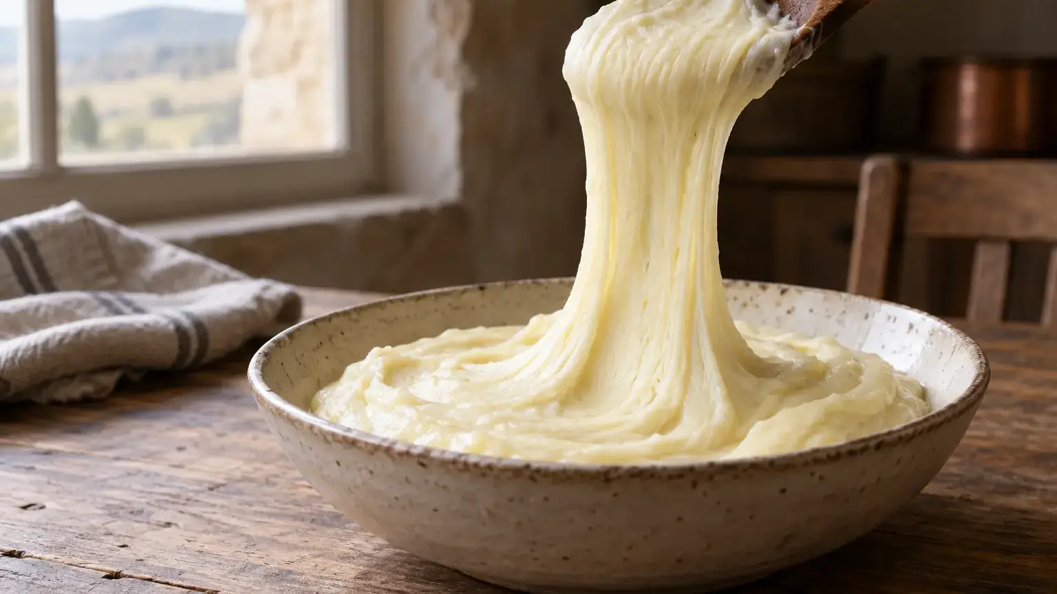 Pale aligot in a bowl with a broad ribbon of stretchy purée on a wooden spoon