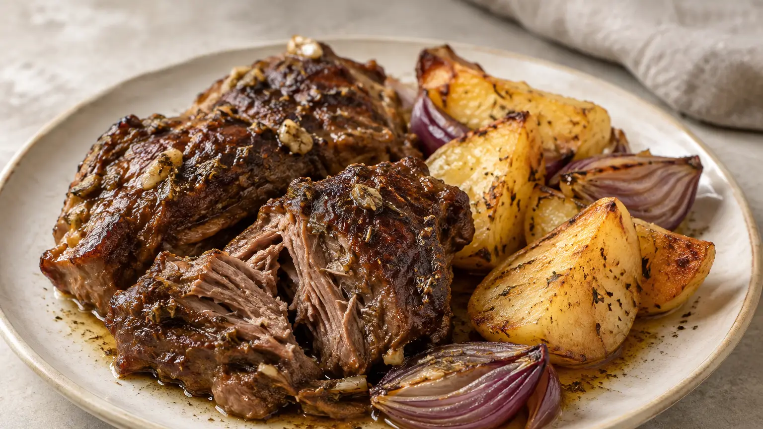 Roast lamb with browned potatoes, red onion and lemony cooking juices
