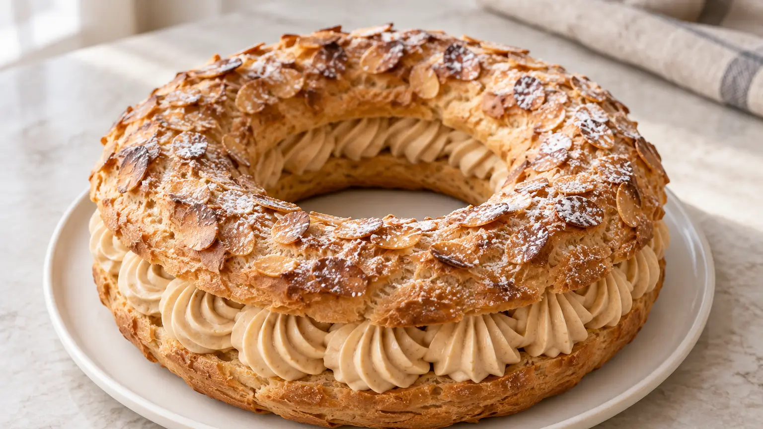 Paris-Brest with sliced almonds, pale praline cream and a light dusting of powdered sugar