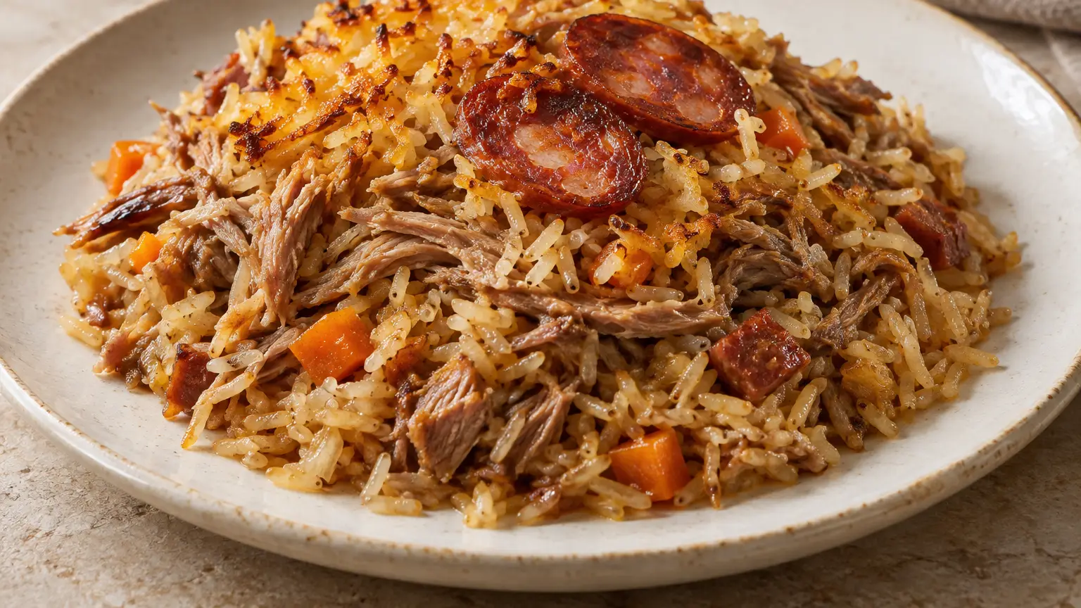 A serving of arroz de pato with shredded duck, browned rice and chouriço slices