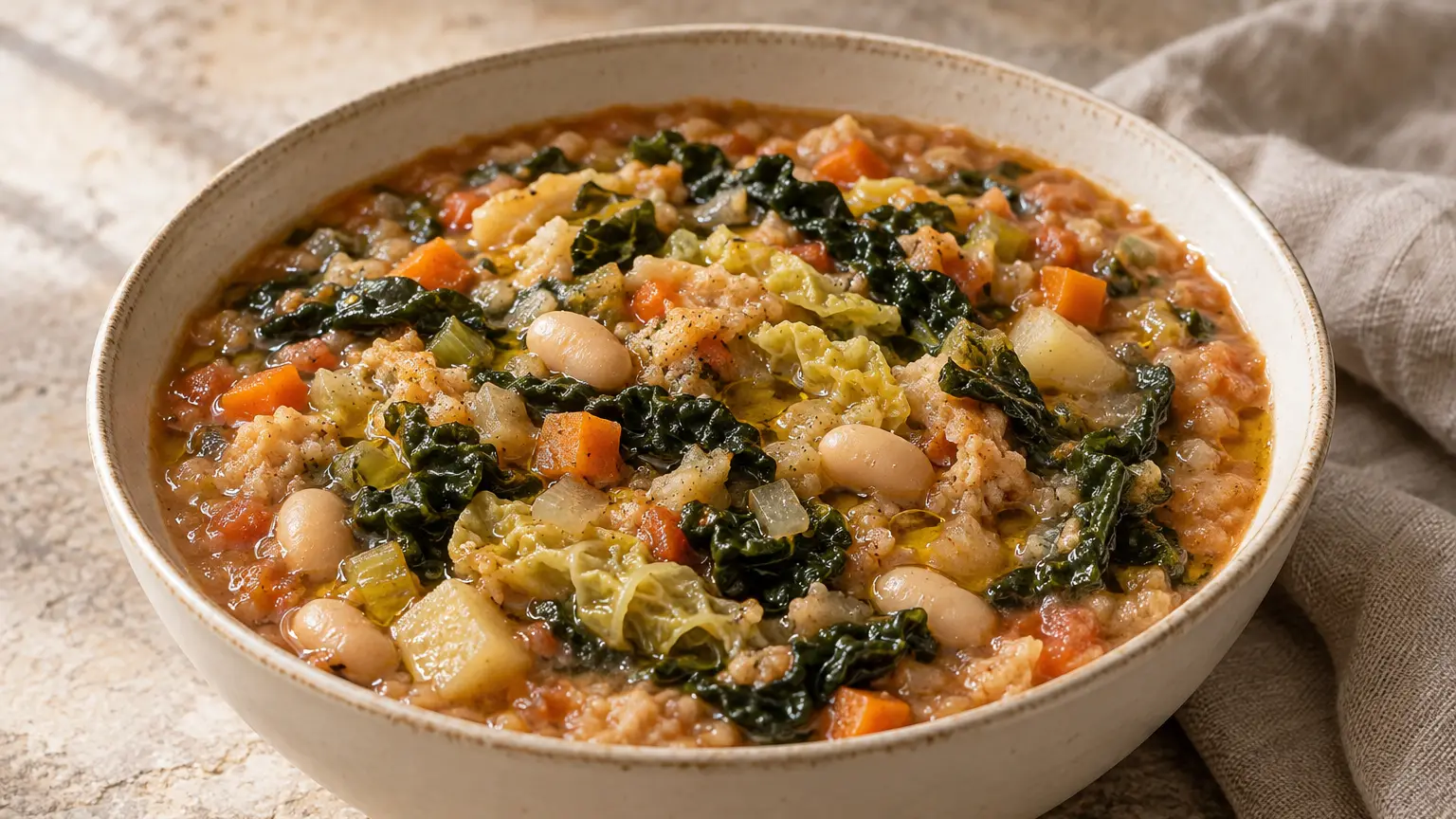 Thick ribollita with white beans, kale, vegetables and soft bread, drizzled with olive oil
