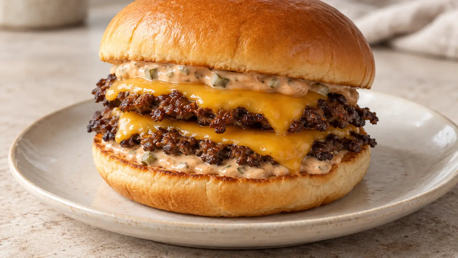 Double smash burger with browned beef, melted cheddar and pickle sauce in a soft bun