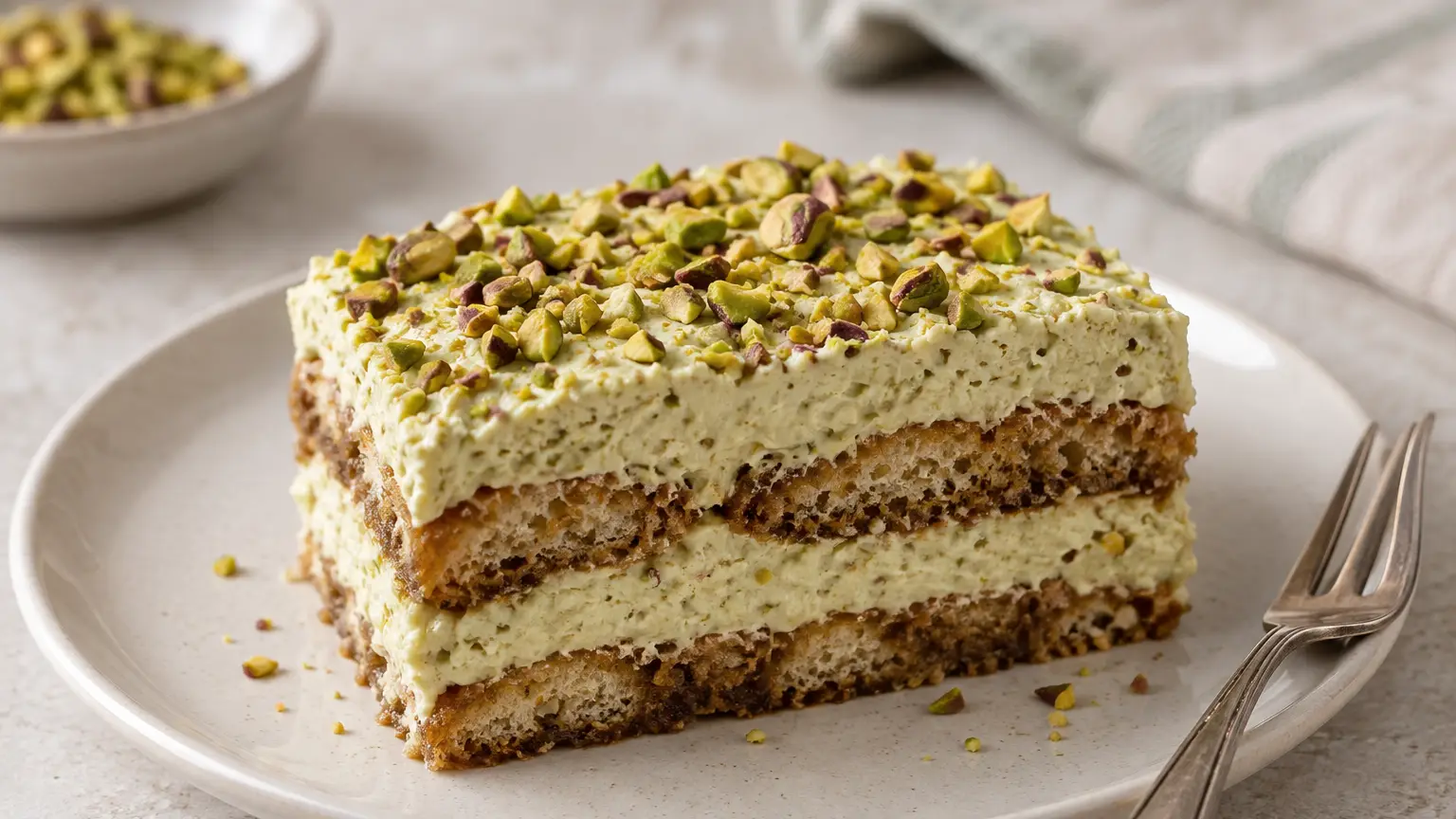 Pistachio tiramisu slice with two layers each of coffee-dipped ladyfingers and cream, topped with chopped pistachios