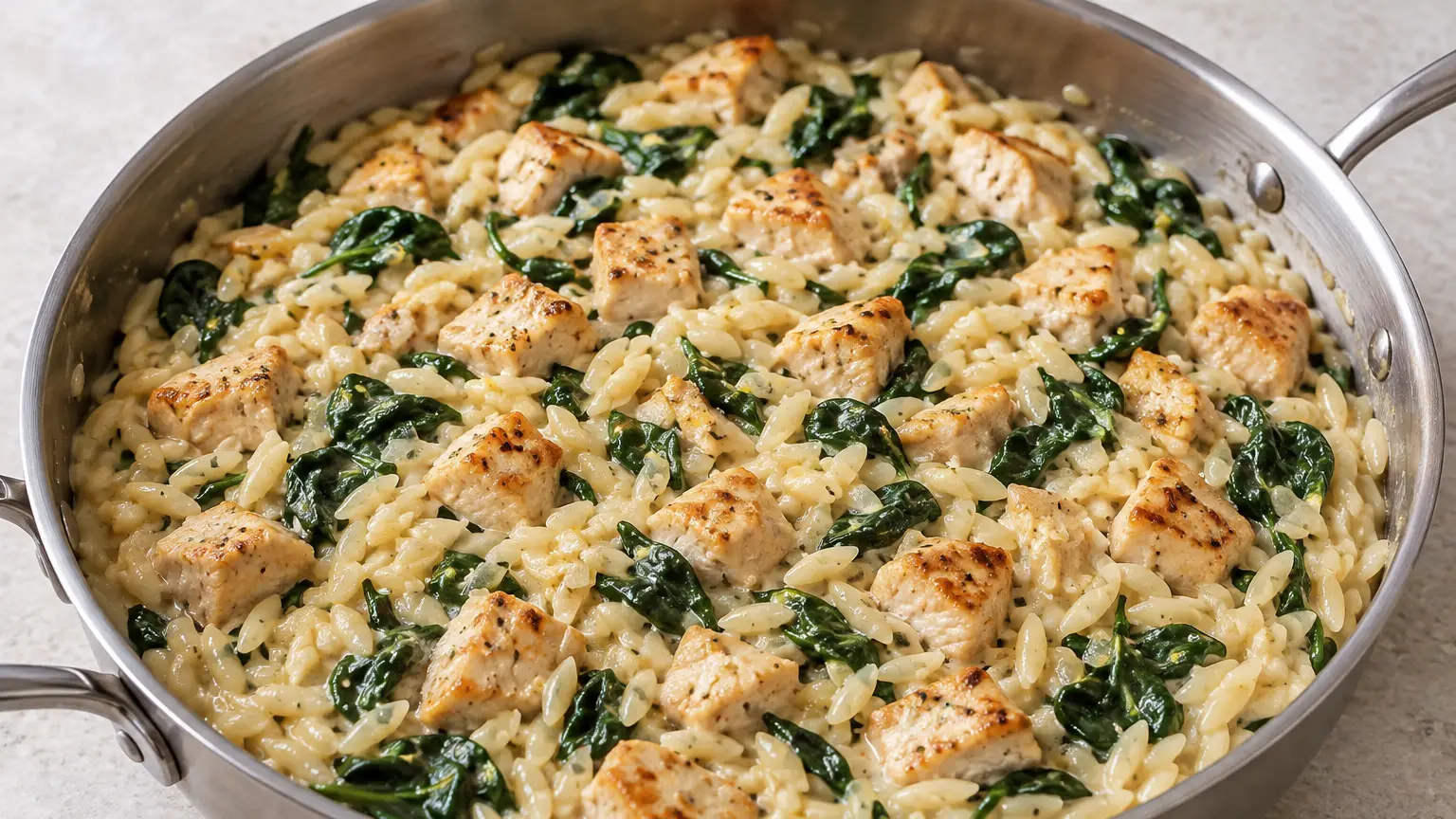Creamy orzo with browned chicken pieces and spinach in a pale lemon sauce