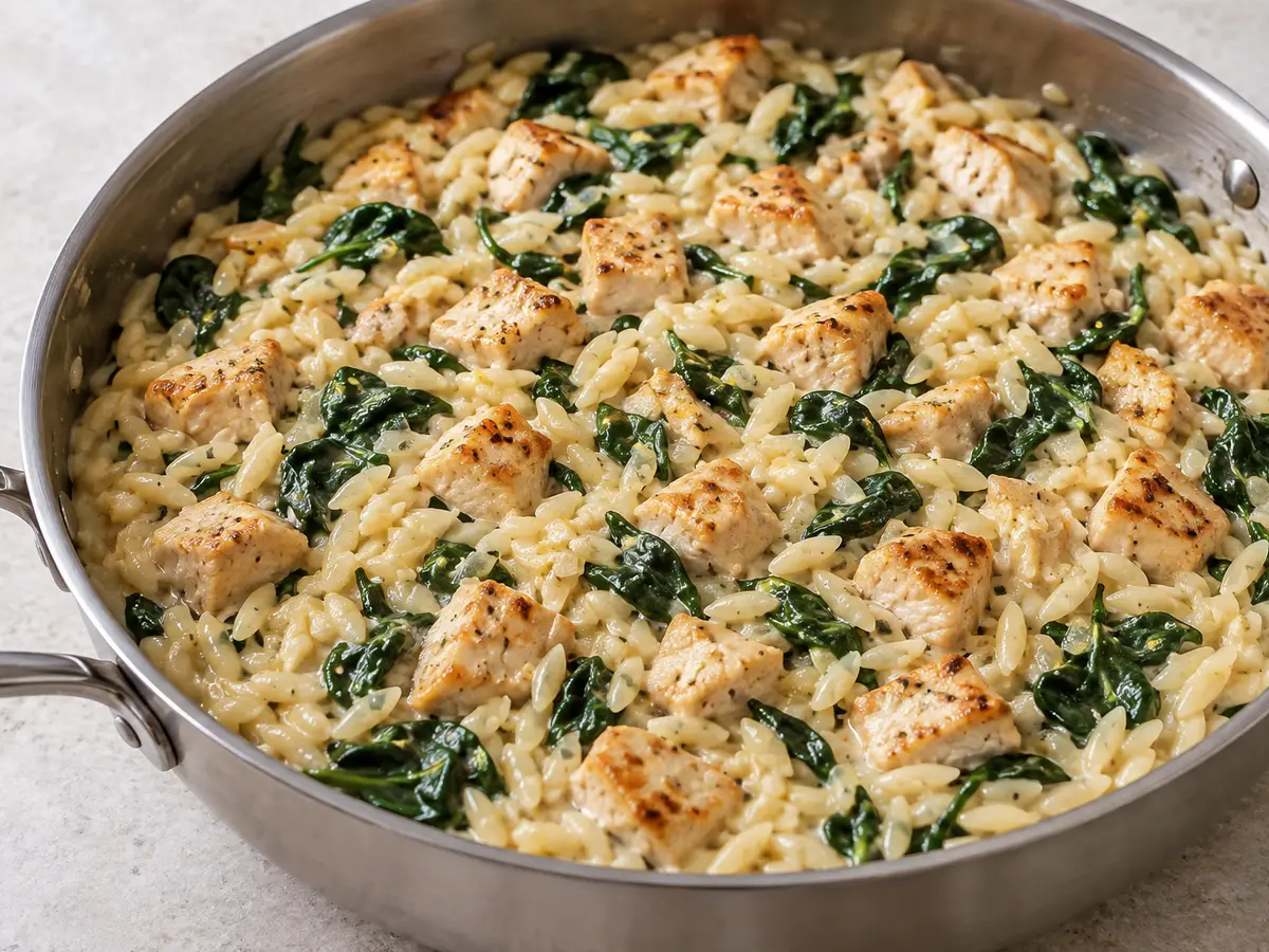 One-pan creamy chicken orzo with lemon and spinach