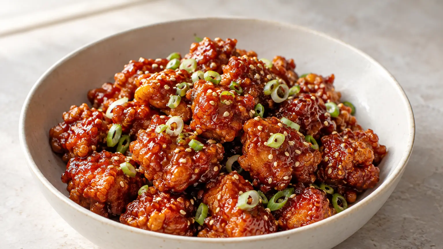 Crispy chicken pieces in red gochujang sauce with sesame seeds and fresh scallion