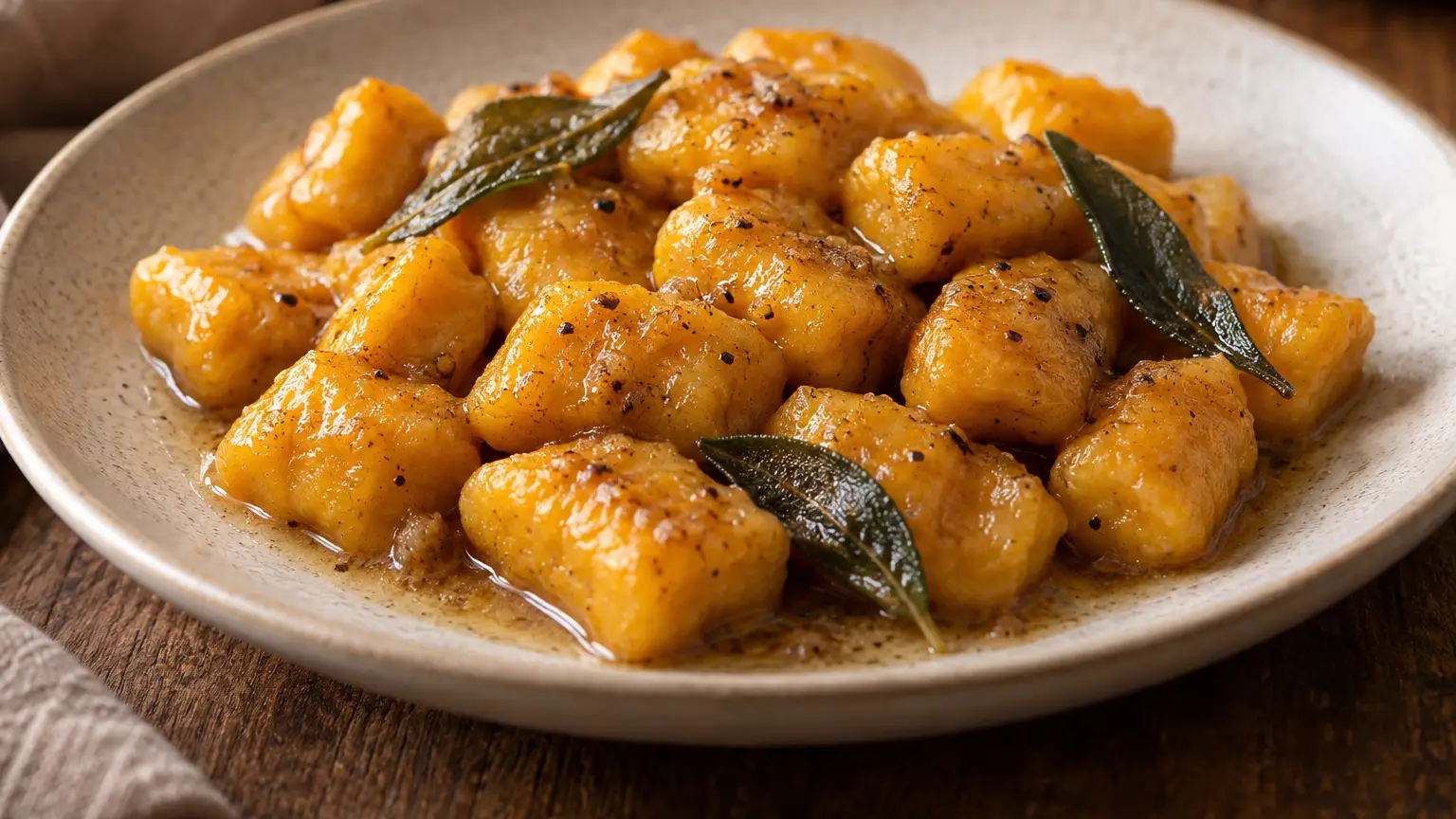Orange pumpkin gnocchi coated in brown butter with lightly browned sage leaves