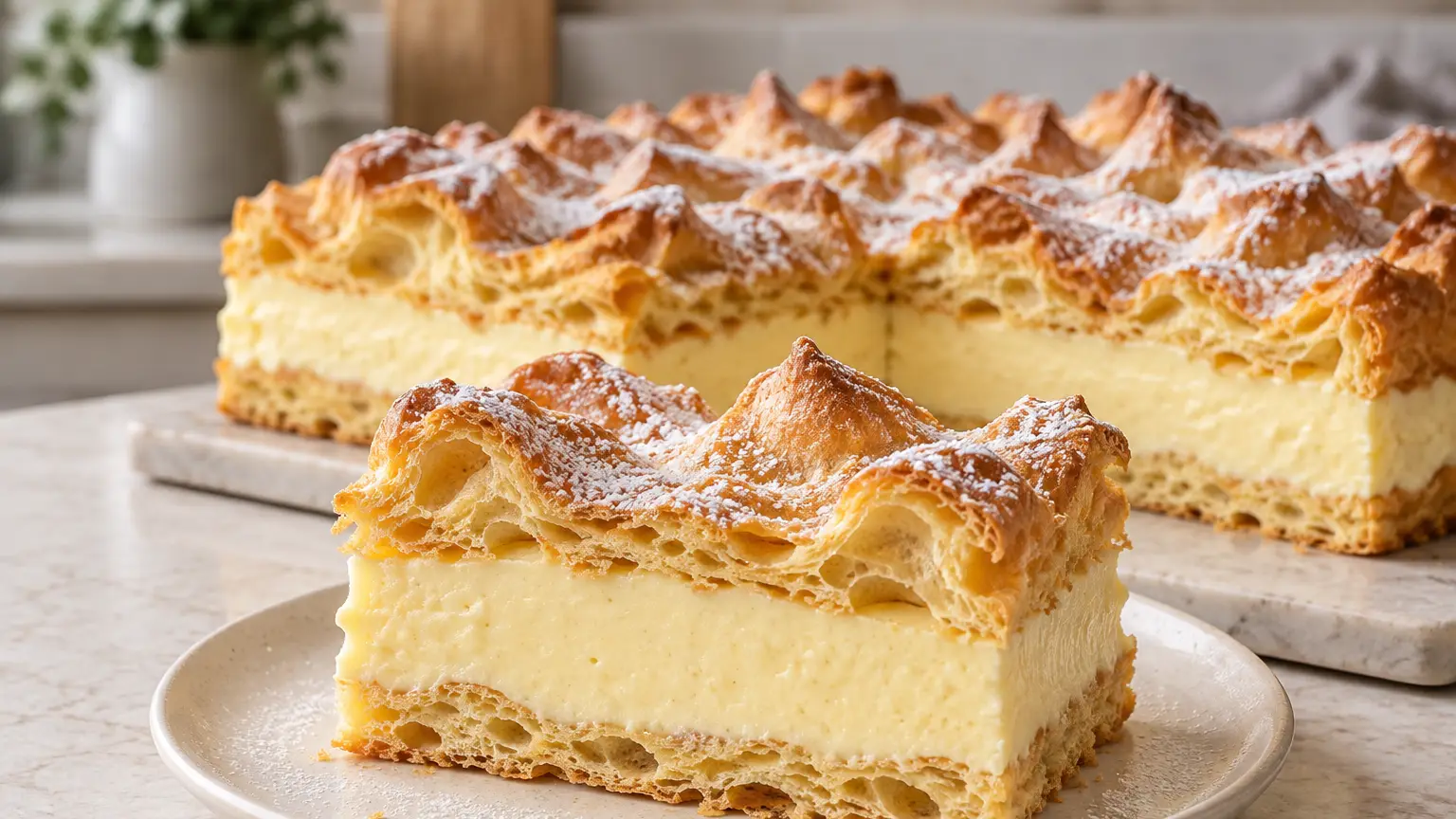 Choux cake with a tall vanilla cream layer and golden undulating top dusted with powdered sugar